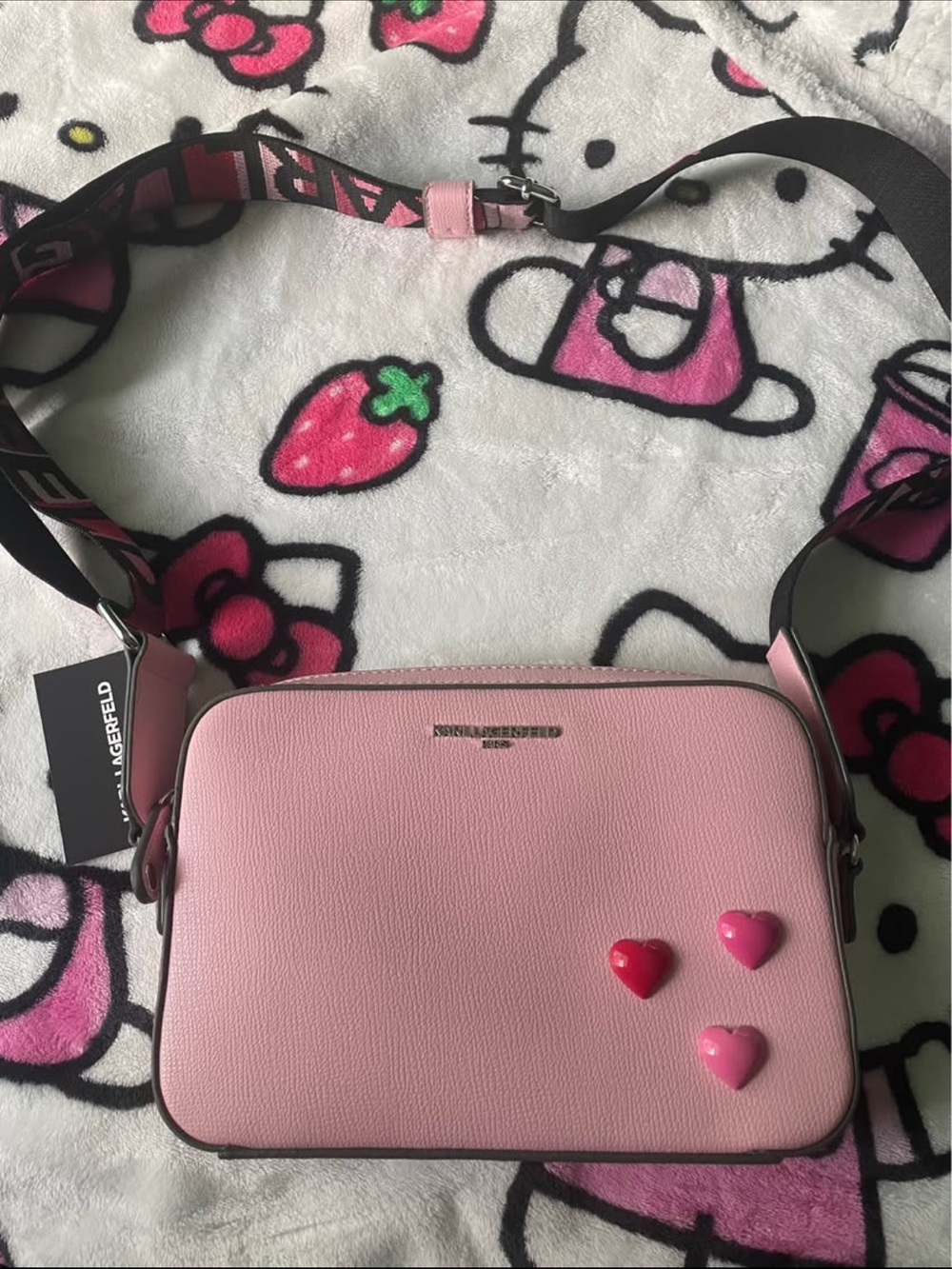 Karl Lagerfeld Pink Leatherette Crossbody Bag with Heart Charms